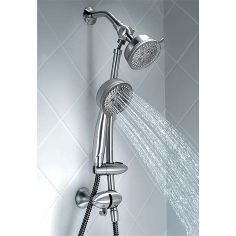 A standard fitting attaches to the existing shower arm and replaces the old showerhead with a flexible hose and handheld shower unit that can serve both as a stationary head or a handheld shower. . Lowes handheld shower head
